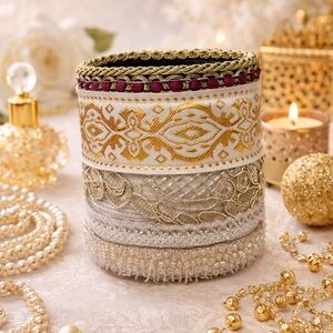 Artisan Handmade Textile Wide Cuff Bracelet Gold With Beads Luxury 6-7 SIGNED